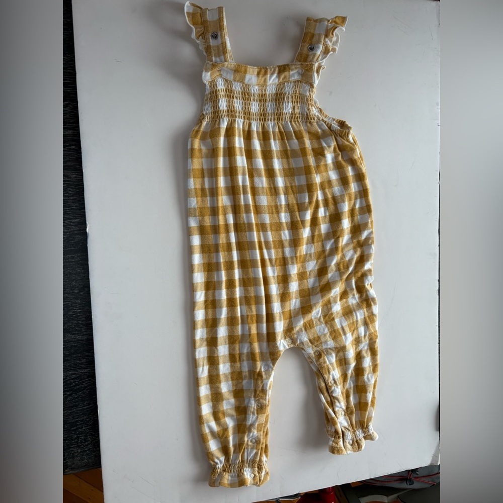Angel Dear Yellow and White Gingham Romper Overalls